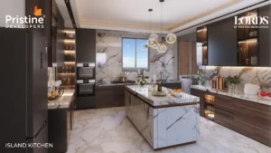The sample flat images of the Island kitchen - The Lords project by Pristine Developer